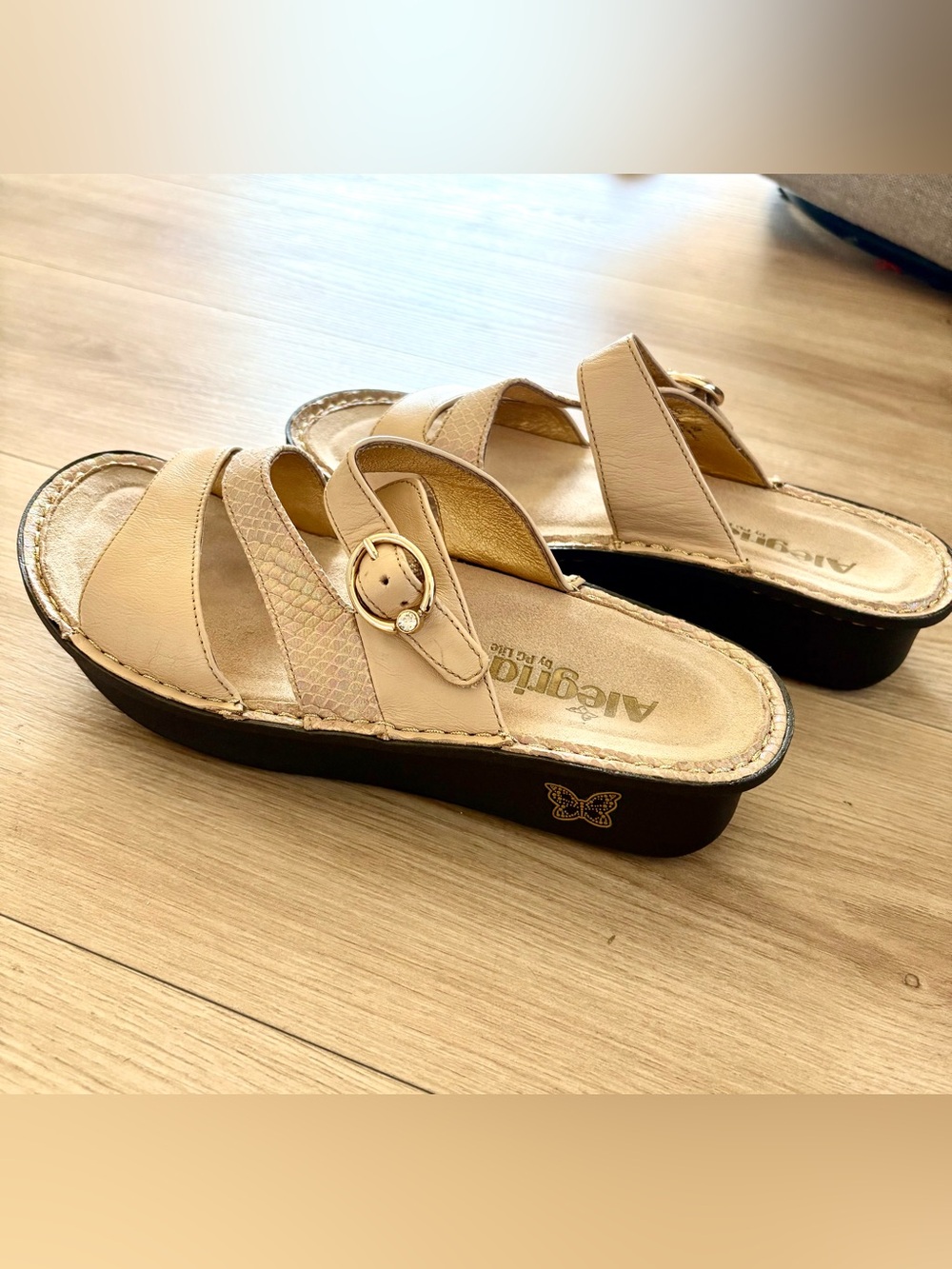 Alegria Beige Slide Sandals with Gold Buckle- Women’s EU 38/US 7.5